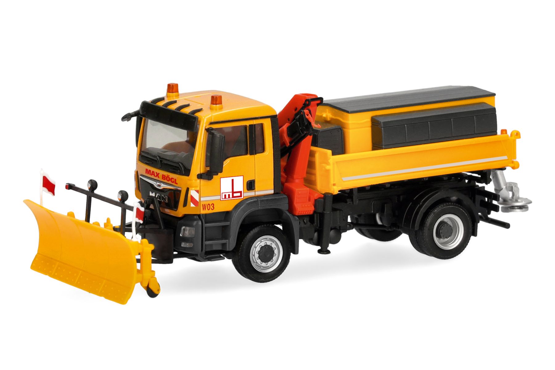 Herpa 322041 - MAN TGS M Euro6c Dreiseitenkipper 2achs mit Kran/Winterdienst "Max Bögl"