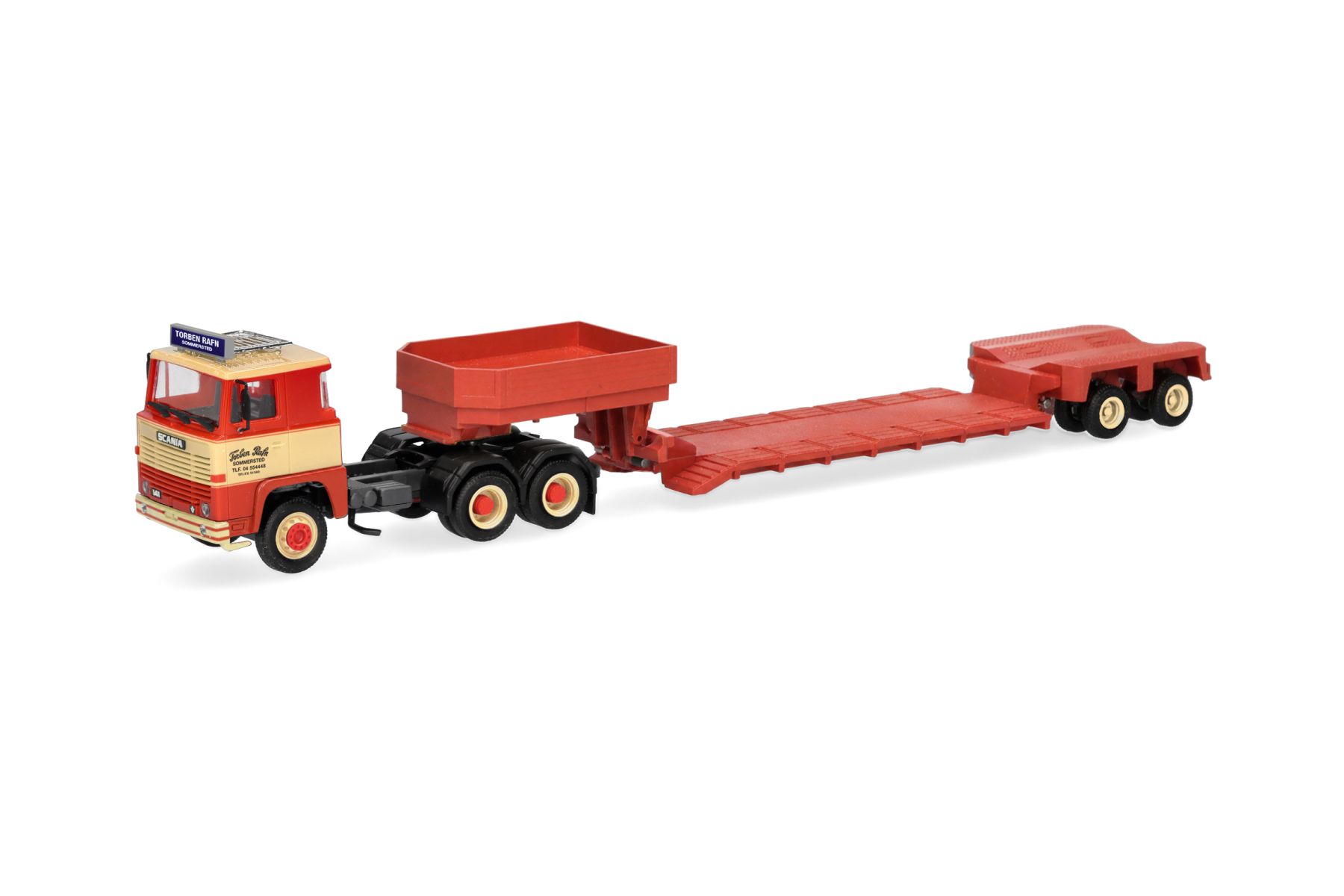 Herpa 322485 - Scania 141 Tieflade-Sattelzug "Torben Rafn", Dänemark