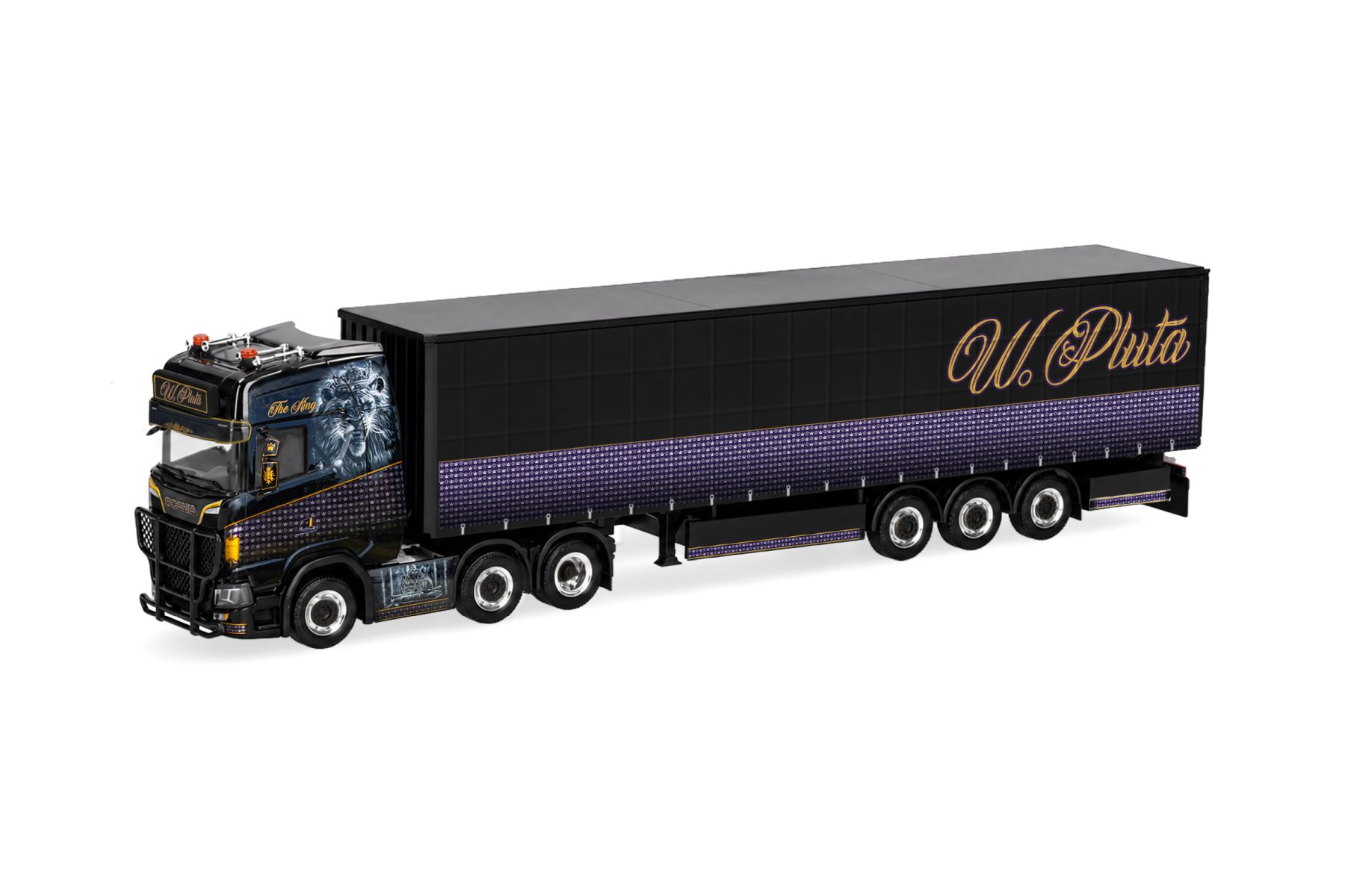 Herpa 321884 - Scania CS 20 Hochdach Gardinenplanen-Sattelzug "Pluta/The King"