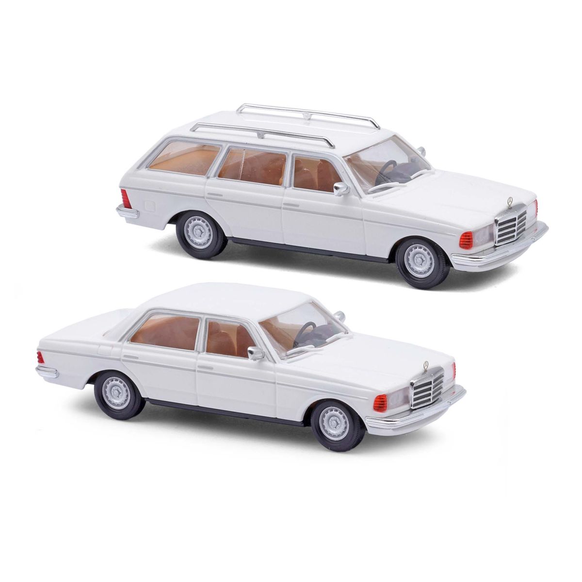 Busch 46985 - 2er Set Mercedes-Benz W123 Limousine und T-Modell weiß, mit Eckscheinwerfer und Barockfelge, Bj. 1982