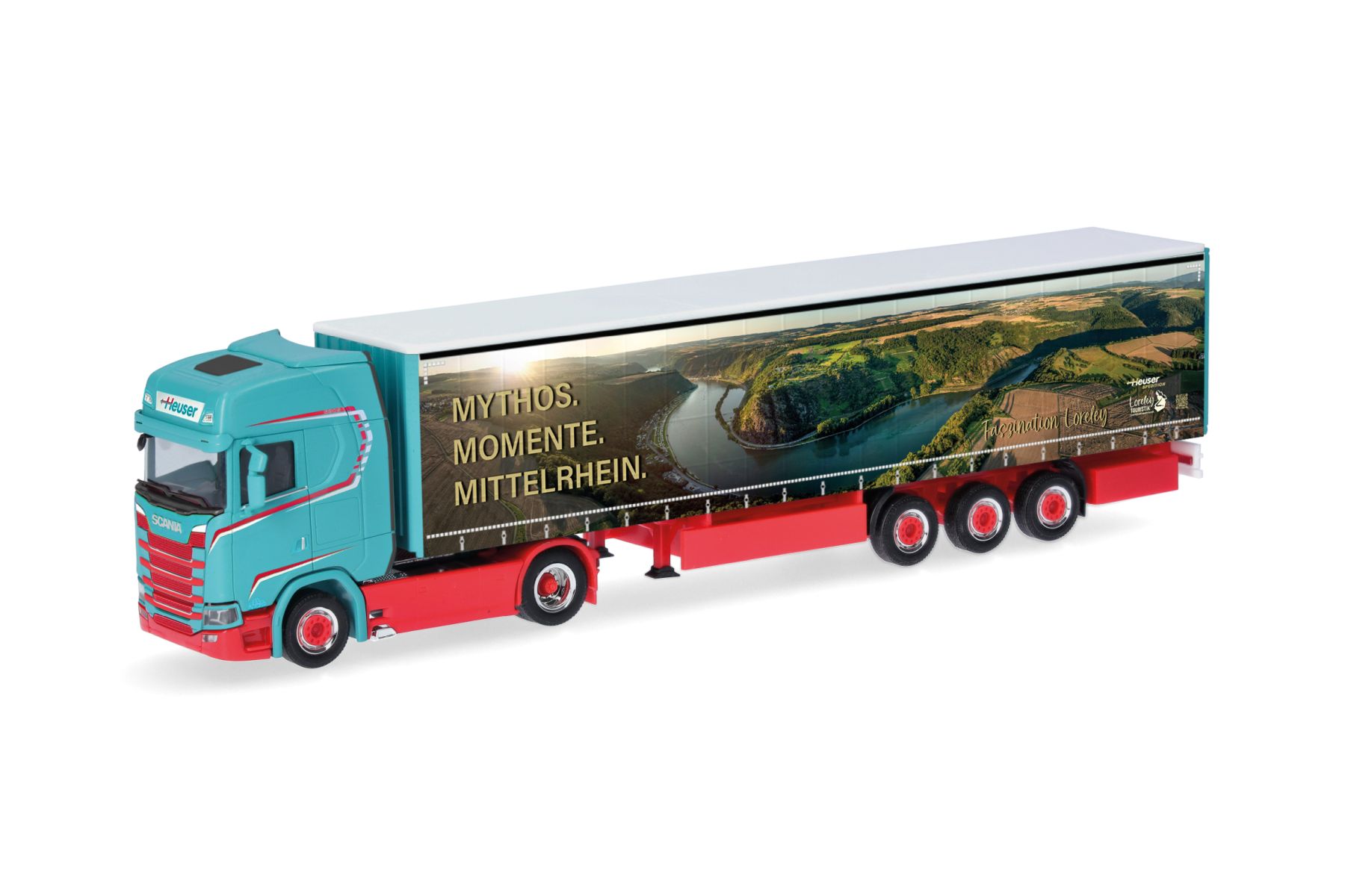 Herpa 321280 - Scania CS 20 Hochdach Gardinenplanen-Sattelzug "Spedition Heuser/Faszination Loreley"