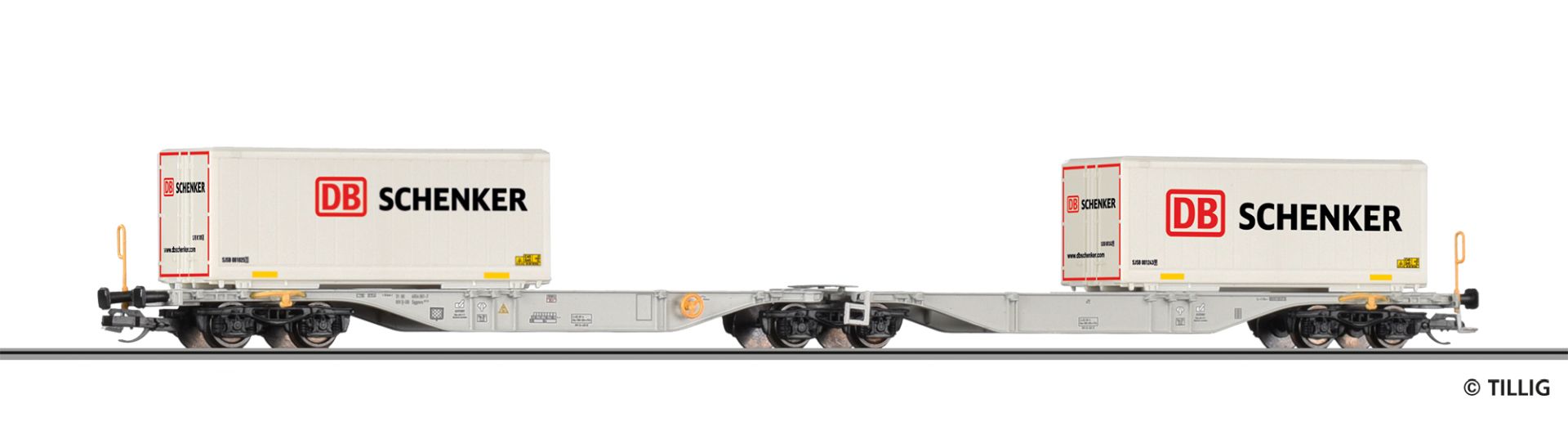 Tillig 18076 - Containertragwagen Sggmrs 747 mit zwei Wechselbehältern, DB-Schenker, Ep.VI