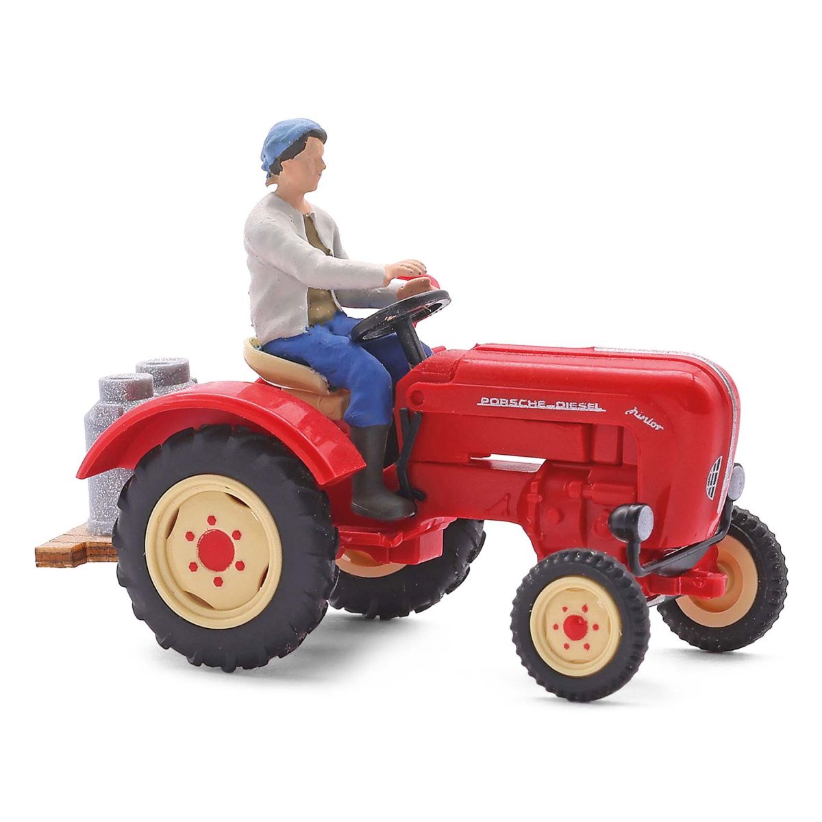 Busch 50013 - Traktor Porsche Junior K mit Bäuerin und Milchkannen, 1957