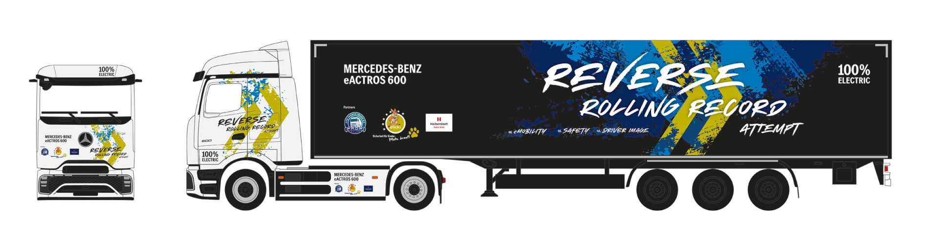 Herpa 961462 - Mercedes-Benz eActros 600 ProCabin Streamspace Koffer-Sattelzug "Reverse Rolling Record"