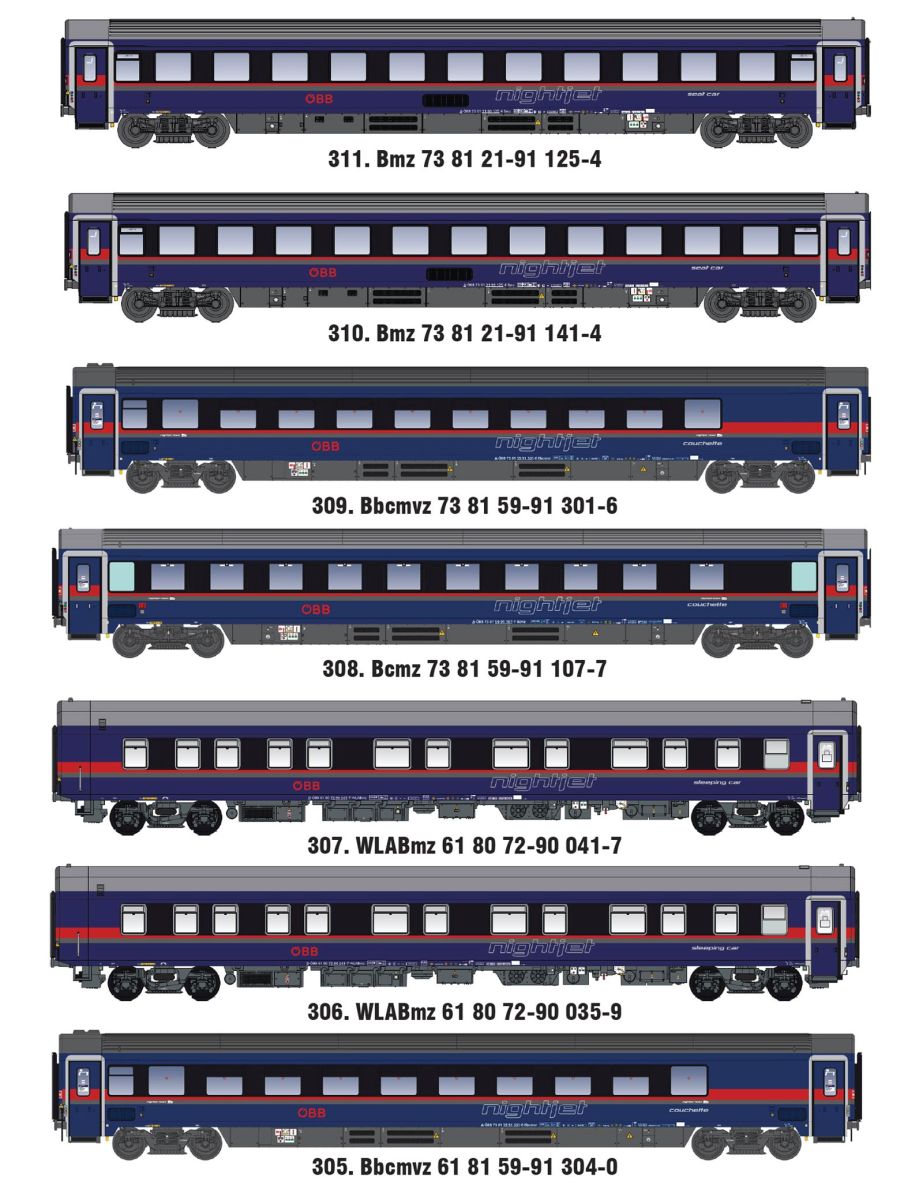L.S. Models MW2601AC - 7er Set Personenwagen DANI, ÖBB-Nightjet, Ep.VI, AC