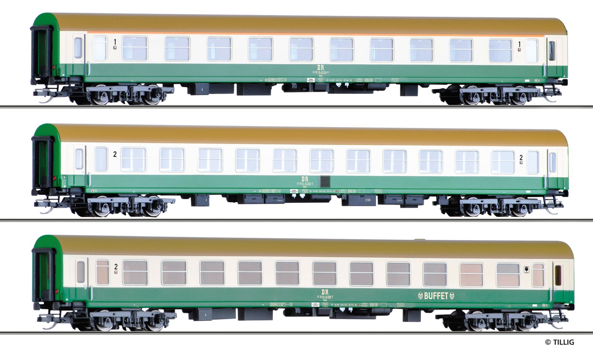 Tillig 01124 - 3er Set Personenwagen 'Halberstadt', DR, Ep.IV