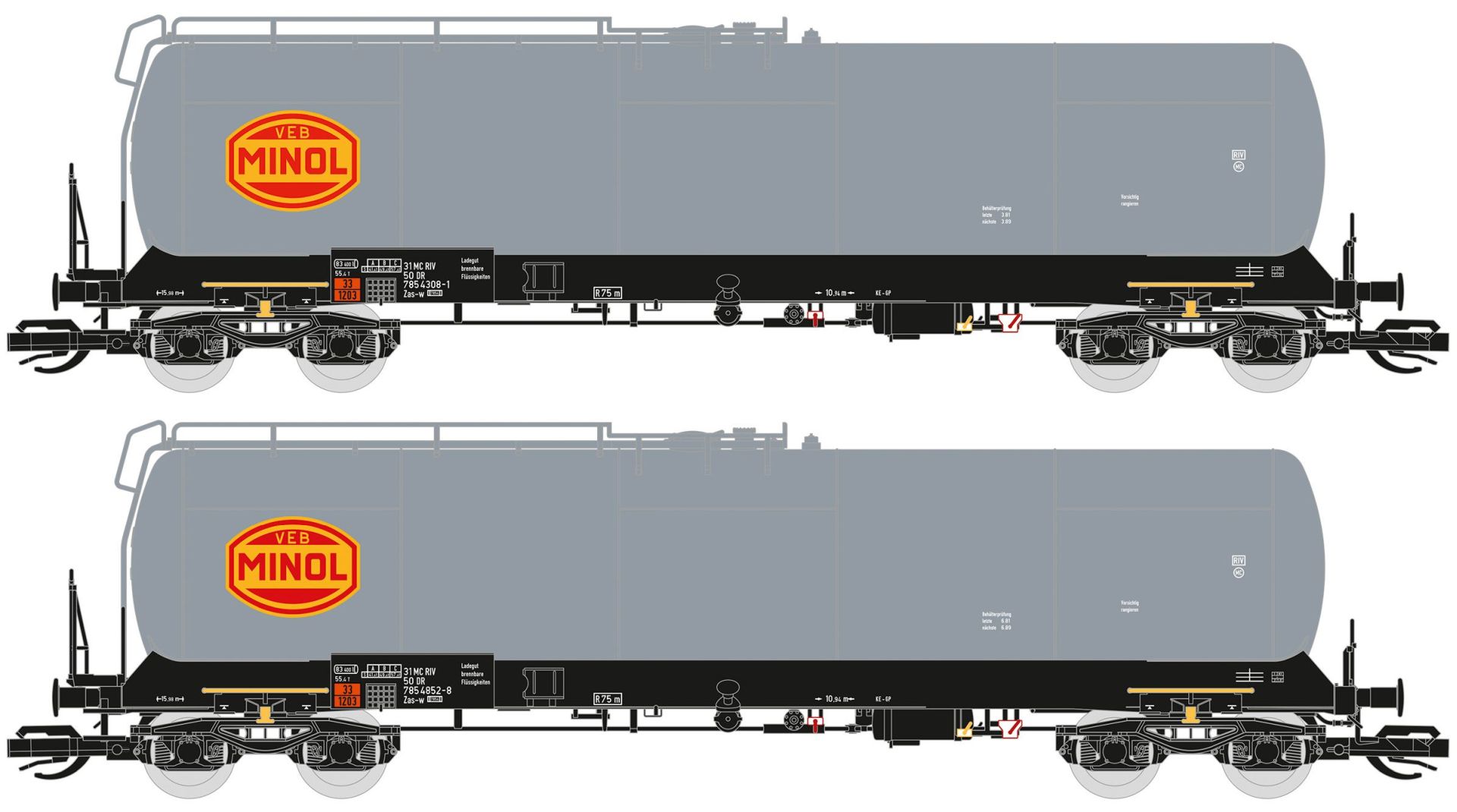 Saxonia 120212 - 2er Set Kesselwagen Zas, 8109, DR, Ep.IV, grau 'MINOL' Saxonia 120212 - 2er Set Kesselwagen Zas, 8109, DR, Ep.IV, grau 'MINOL'