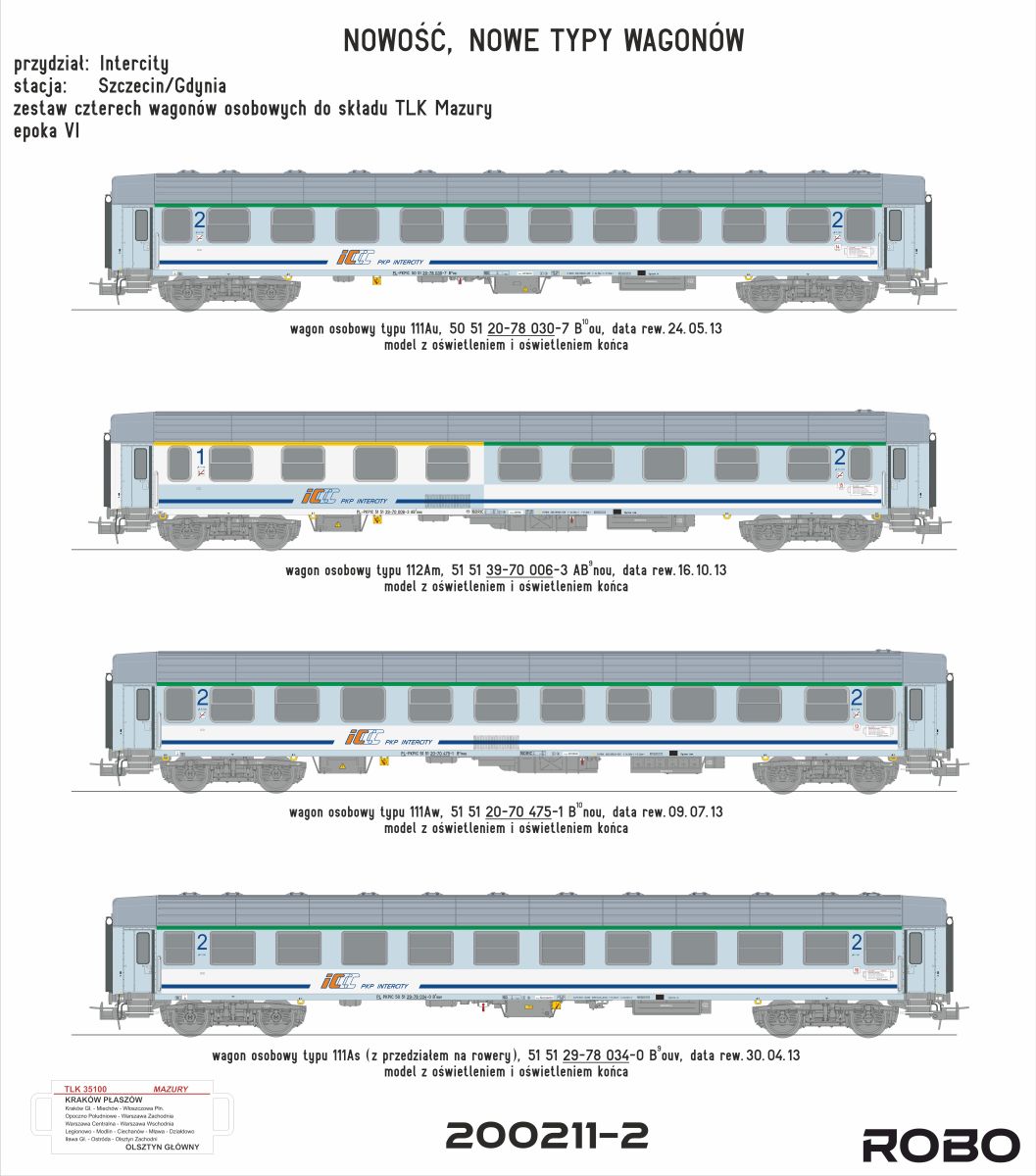 Robo 200211-2 - 4er Set Personenwagen Intercity, PKP, Ep.VI, mit Innenbeleuchtung