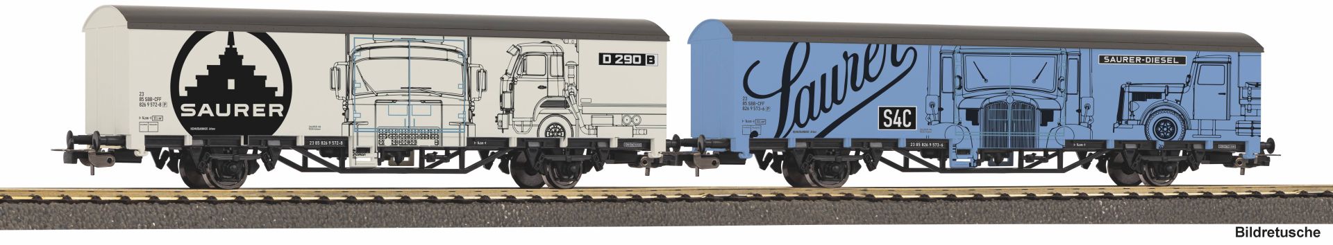 Piko 27747 - 2er Set Gedeckter Güterwagen, Starke Marken Saurer, SBB, Ep.V