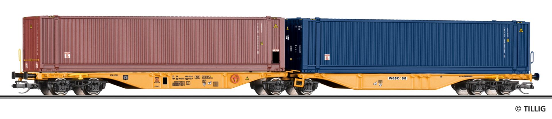 Tillig 18079 - Containertragwagen Sggmrss mit Containern, WASCOSA, Ep.VI