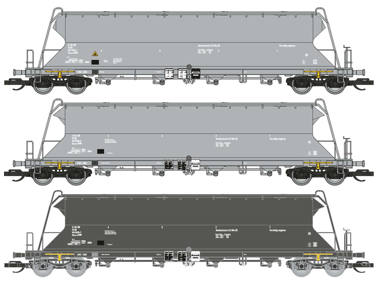 Tillig 502354 - 3er Set Kohlenstaubbehälterwagen Uacs, DR, Ep.IV