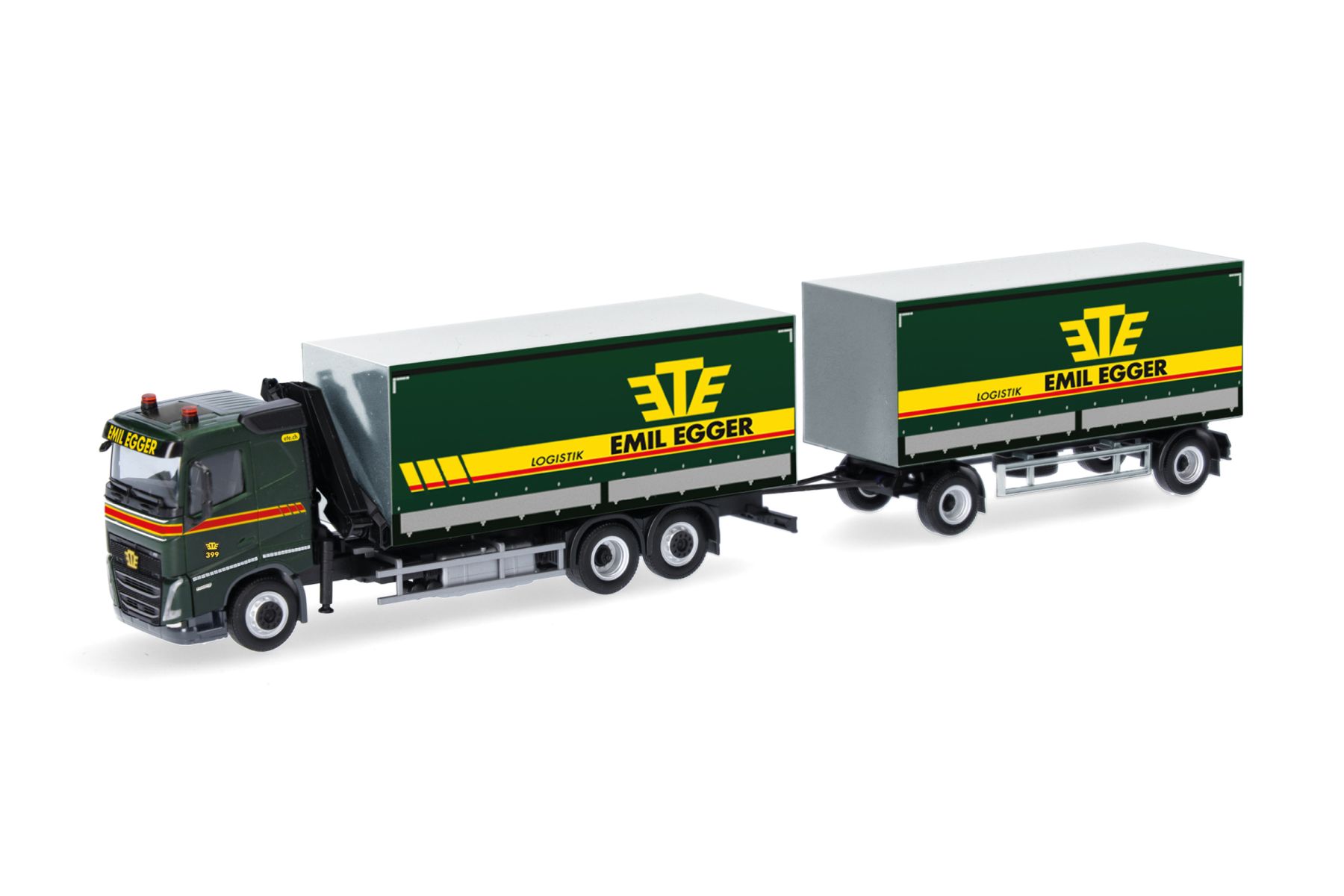 Herpa 320504 - Volvo FH 2020 Flachdach Planen-Hängerzug mit Kran "Emil Egger" (CH)