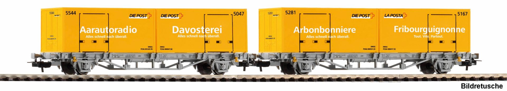 Piko 27748 - 2er Set Containertragwagen mit 2x20' WP Post-Container, CH-AAa, Ep.VI