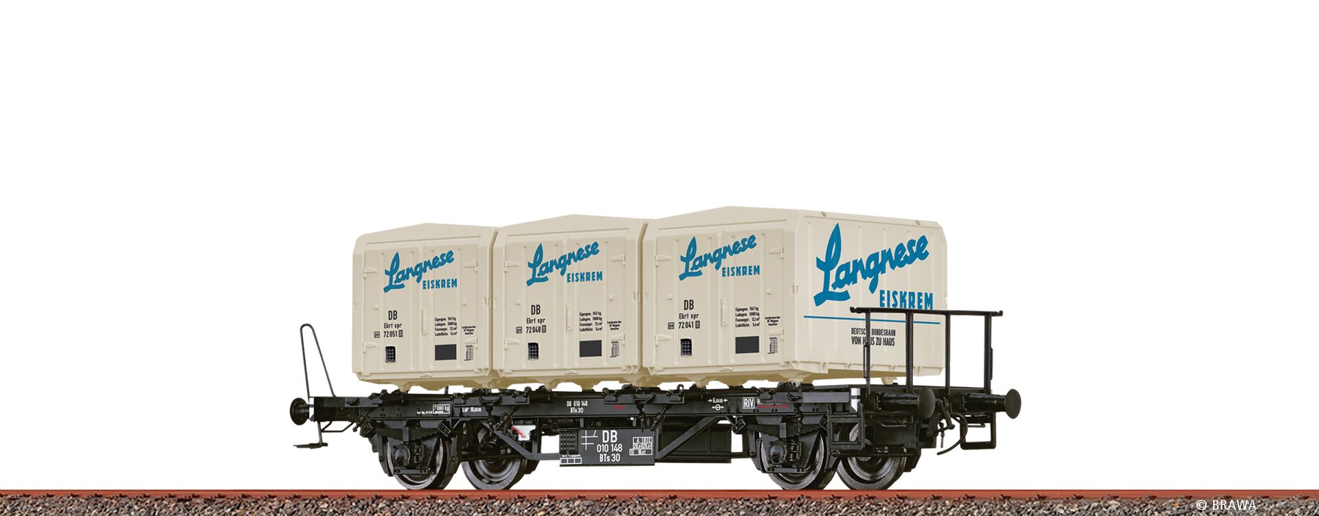 Brawa 50918 - Behältertragwagen BTs30 mit Ekrt212 "Langnese Eiskrem", DB, Ep.III