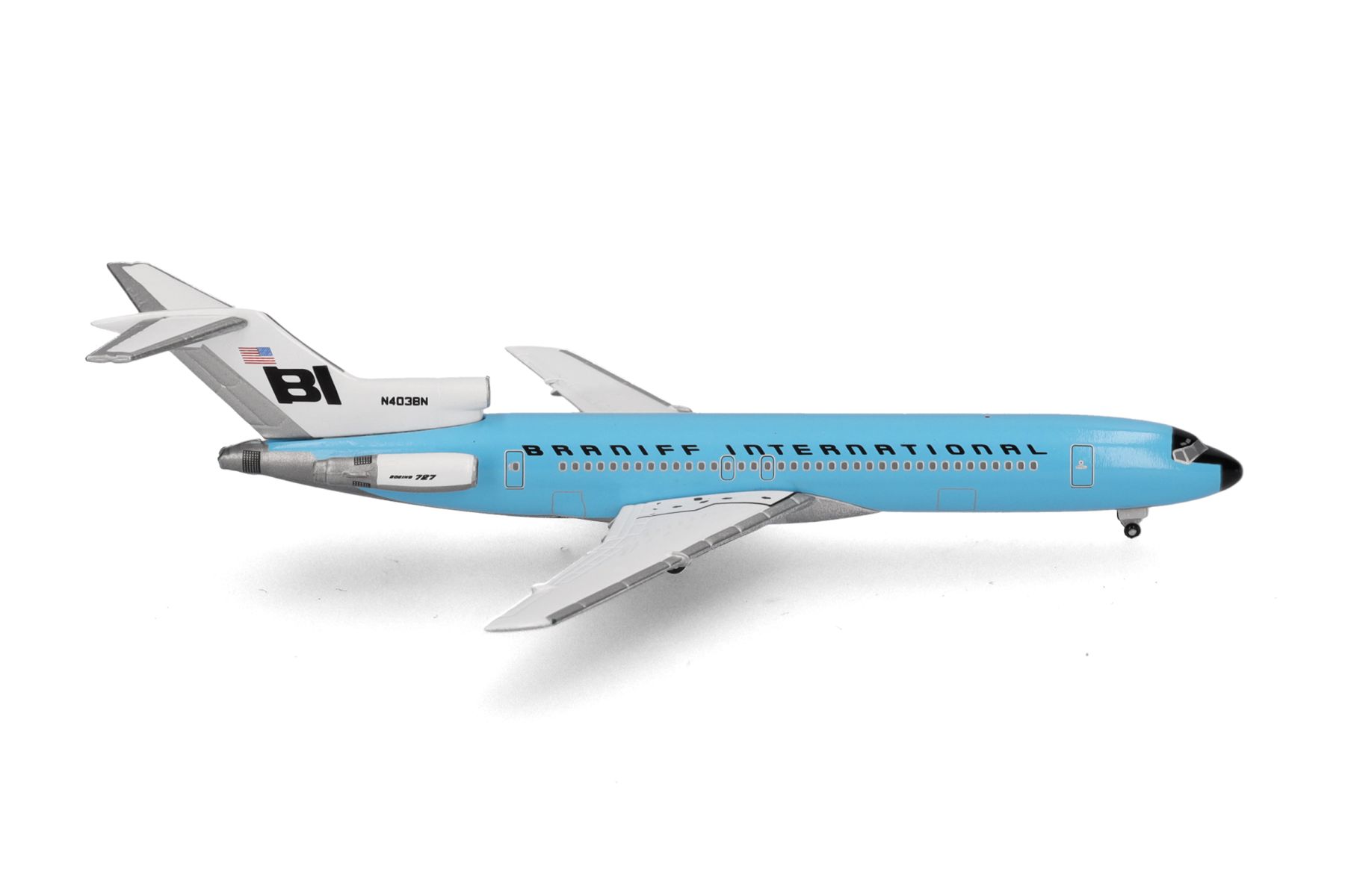 Maquette Avion Herpa Boeing 727-200 Braniff International – échelle 1:500, Métal, Collection Sans Socle, N403BN