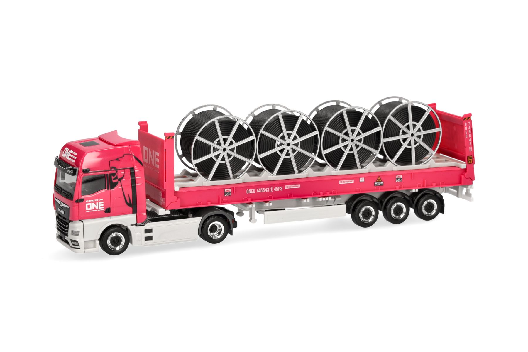 Herpa 960335 - MAN eTGX GX 40ft Flatrackcontainer-Sattelzug mit Kabeltrommeln "ONE"