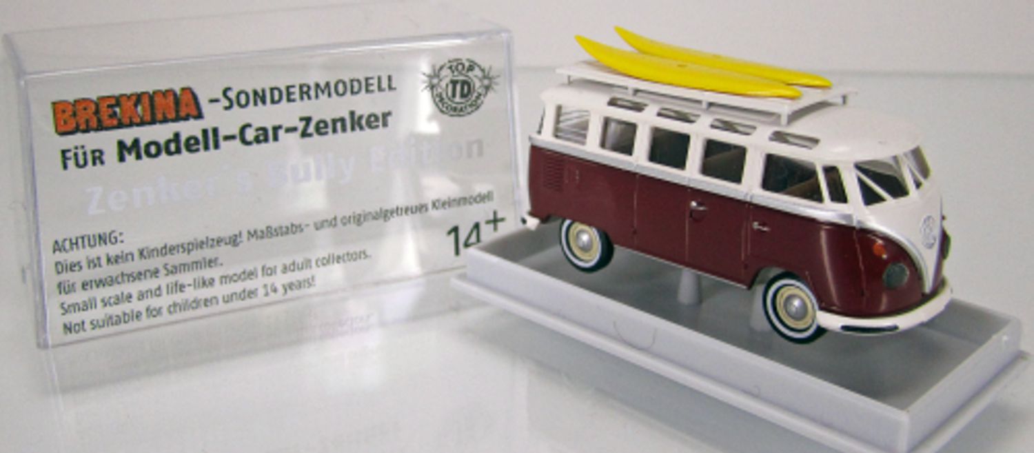 Brekina 03-193 - VW T1B Samba purpurrot mit Surfbrettern