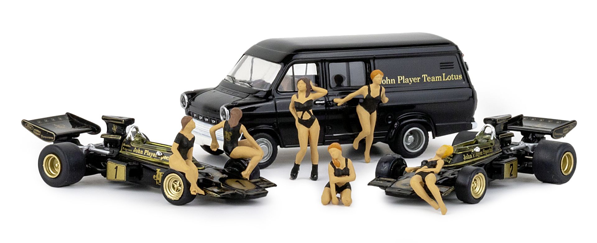 Brekina 22889 - Set 'Lotus 72' mit 2 Formel1-Autos, 6 PR-Girls und Transporter