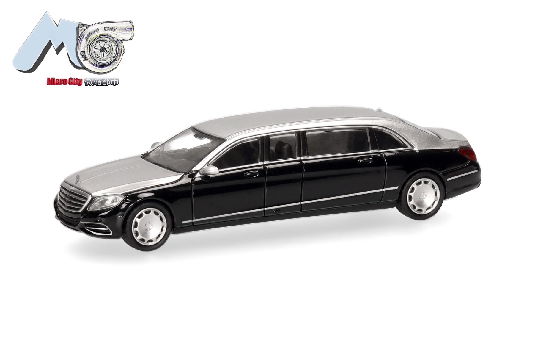 Herpa 87MC000147 - MicroCity: Mercedes-Benz S600 Pullmann, schwarz/silber