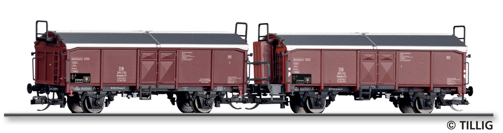 Tillig 01076 - 2er Set Schiebedachwagen Kmmks 51, DB, Ep.III