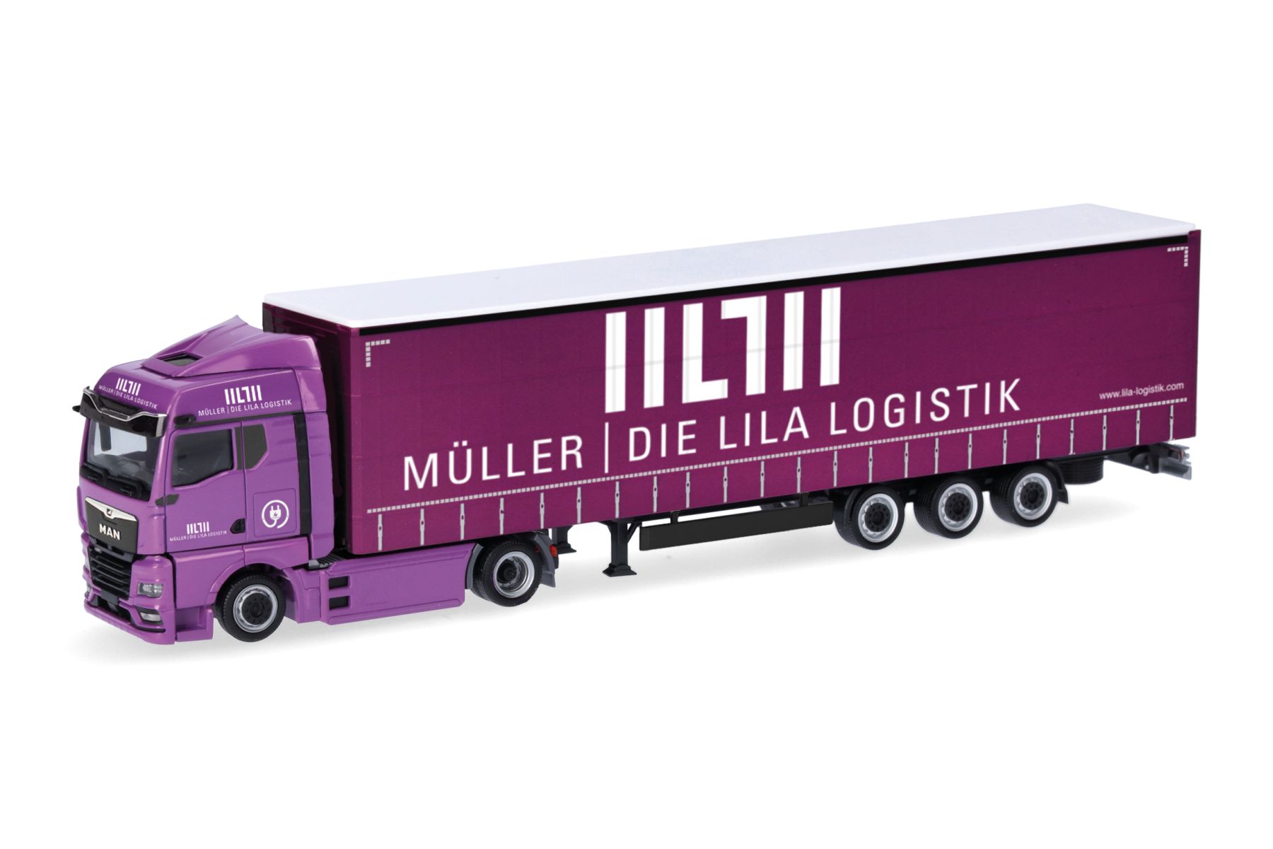 Herpa 320801 - MAN eTGX GM Volumenplanen-Sattelzug "Müller - Die lila Logistik"
